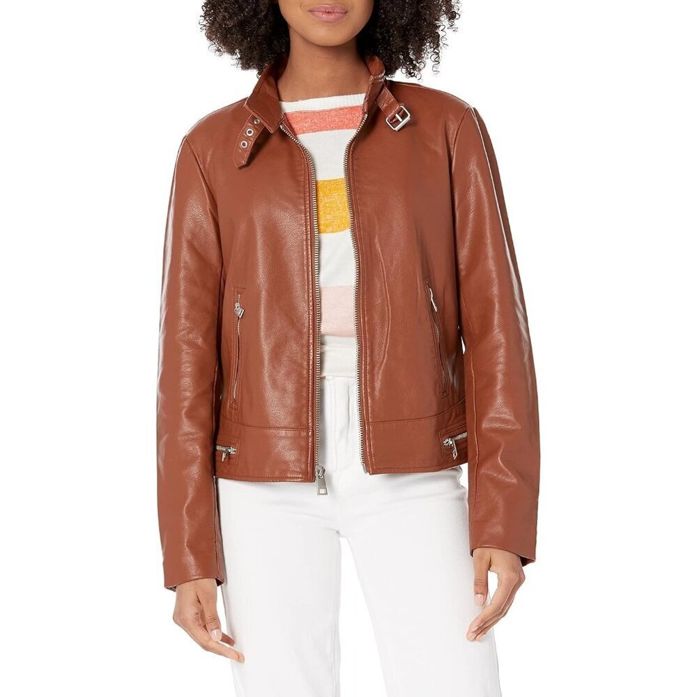 Women's Camel Brown Latch Collar Imported Faux Leather Motocross Racer Jacket